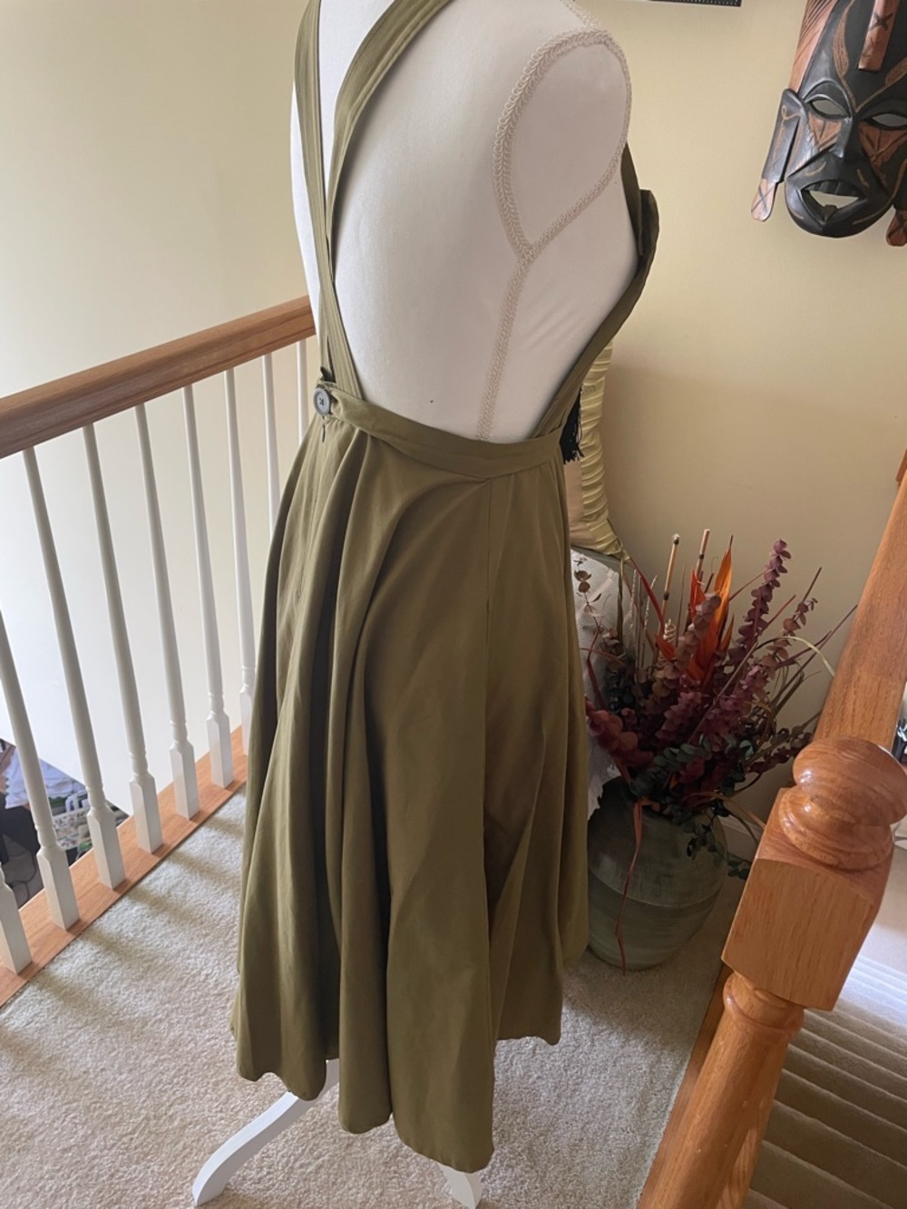 Olive Green Pinafore Midi Dress with Wide Straps -EUC - Picture 6 of 9